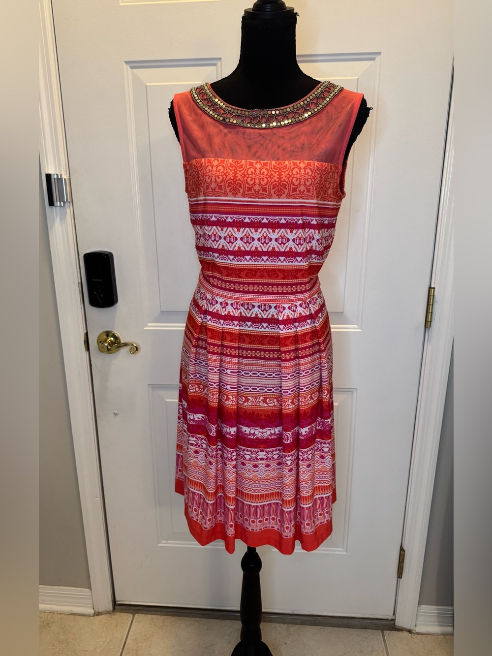 Sandra Darren Red and Coral Beaded-Neckline Fit-and-Flare Dress